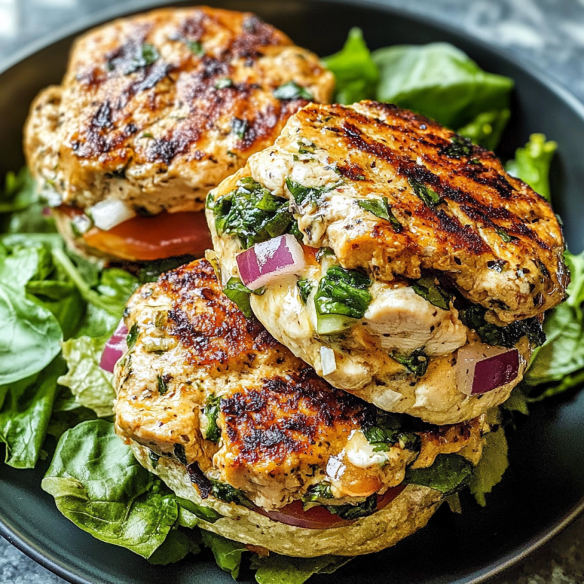 Two Greek chicken burgers on a plate.