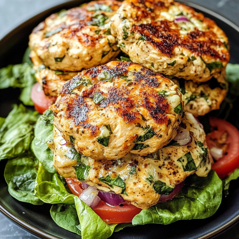 A plate of Greek chicken burgers with tomatoes and lettuce.