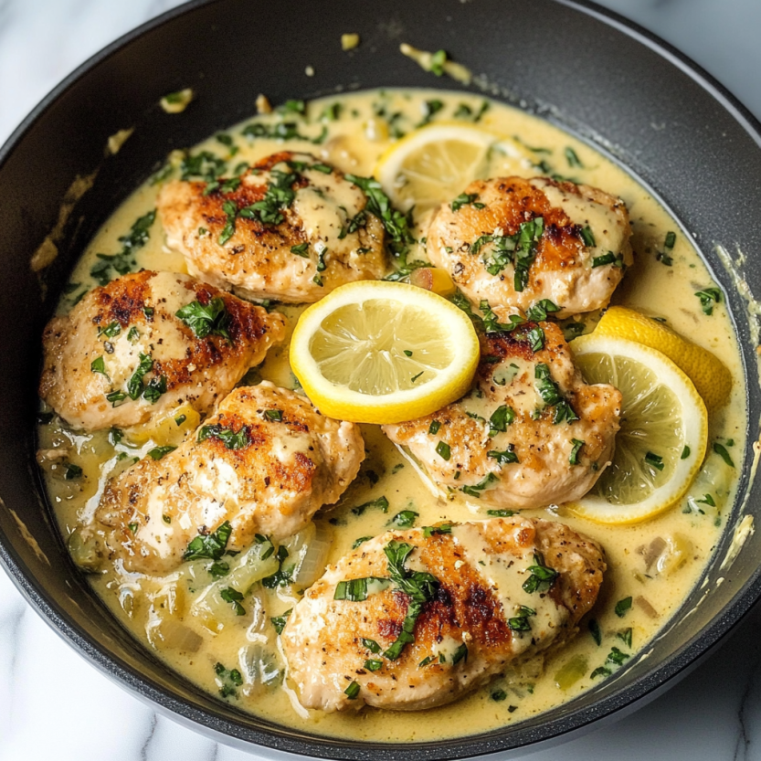 A bowl of creamy lemon chicken piccata.