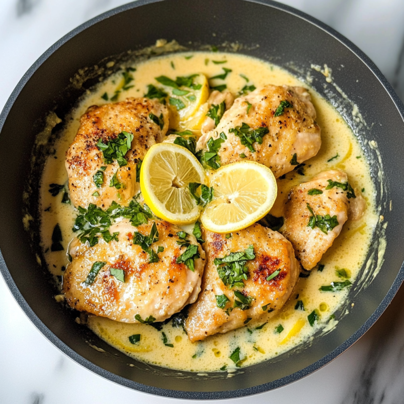 A bowl of creamy lemon chicken piccata.