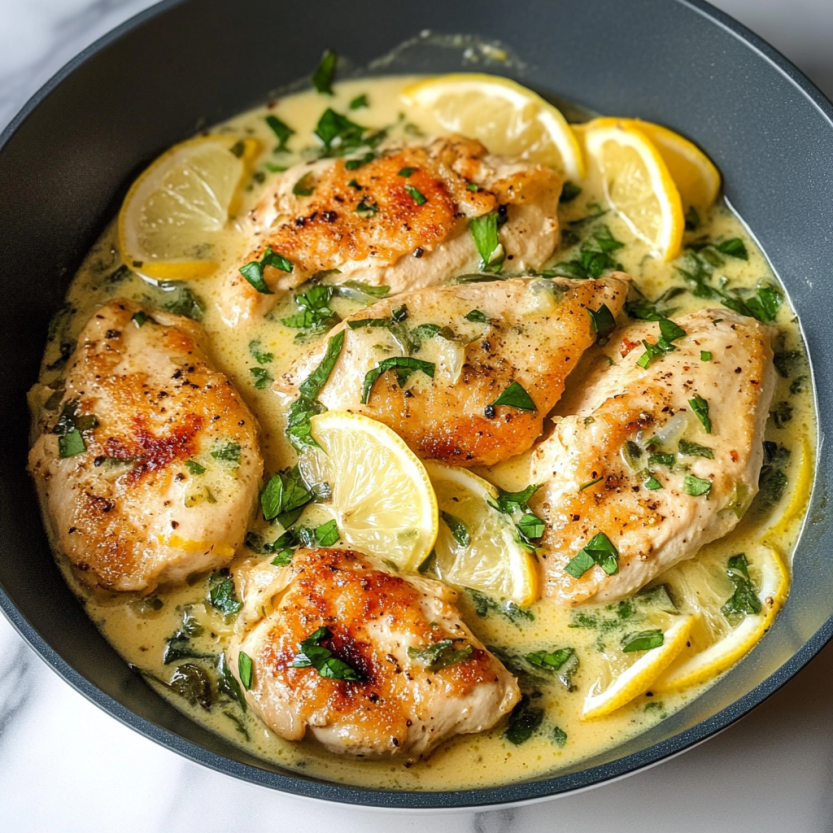 A bowl of creamy lemon chicken piccata.