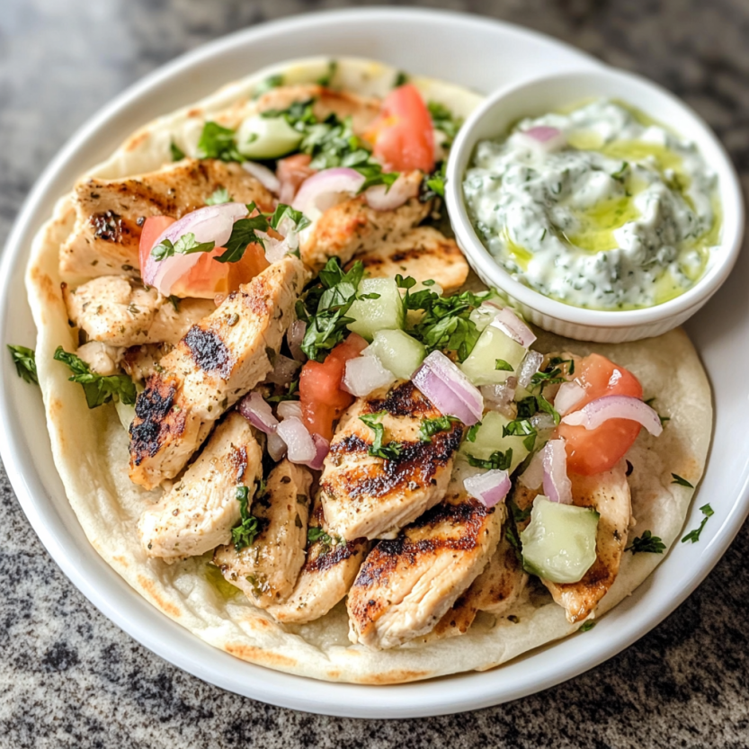A plate of Greek chicken gyros with tzatziki sauce.