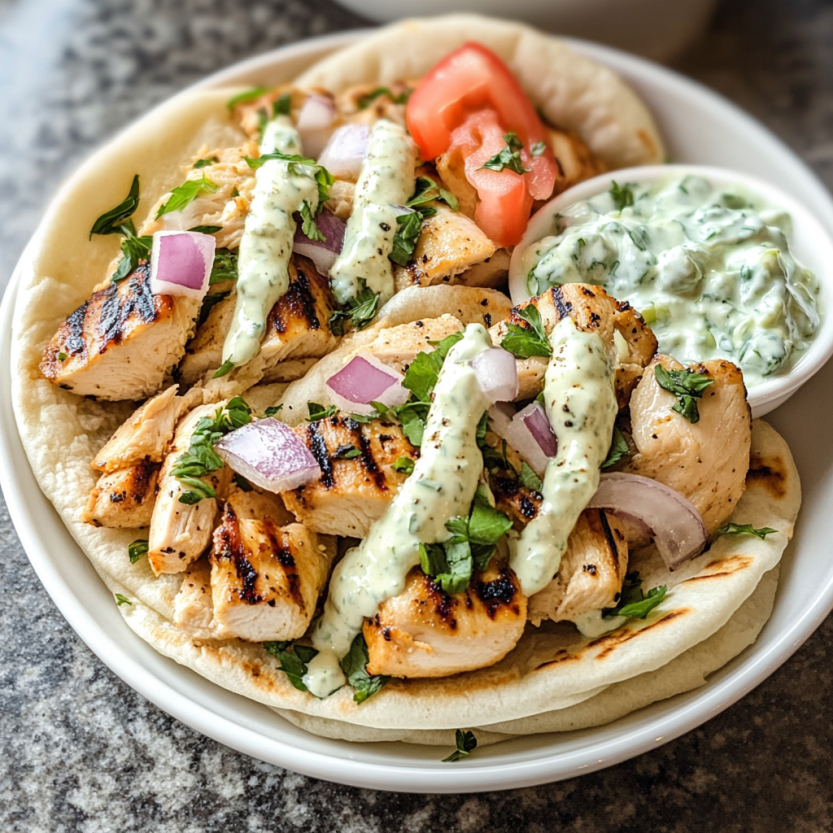 A plate of Greek chicken gyros with tzatziki sauce.