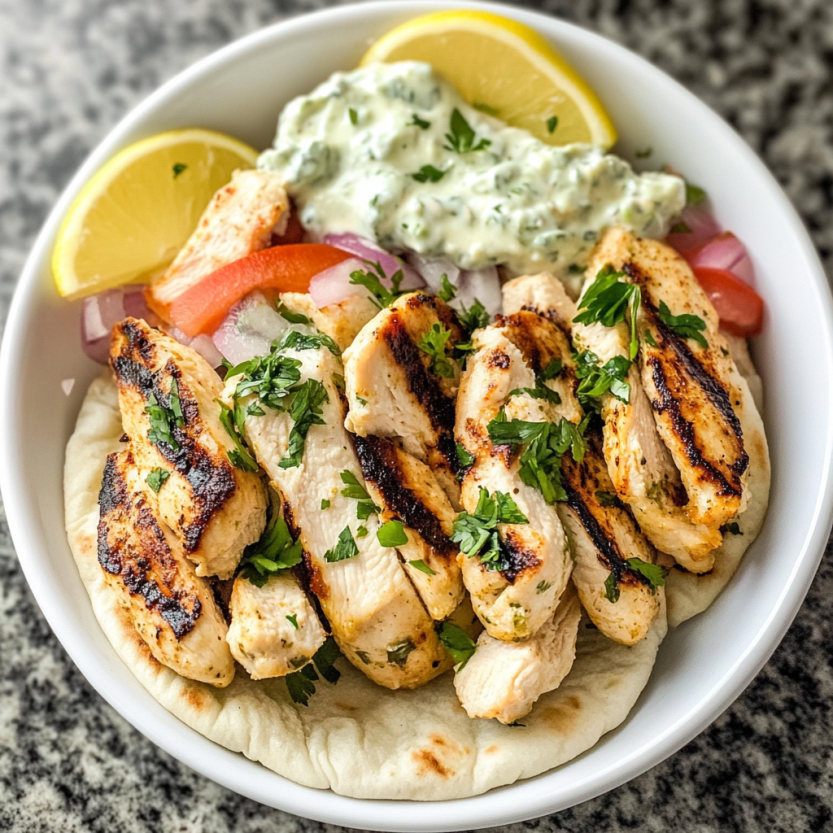 A plate of Greek chicken gyros with tzatziki sauce.