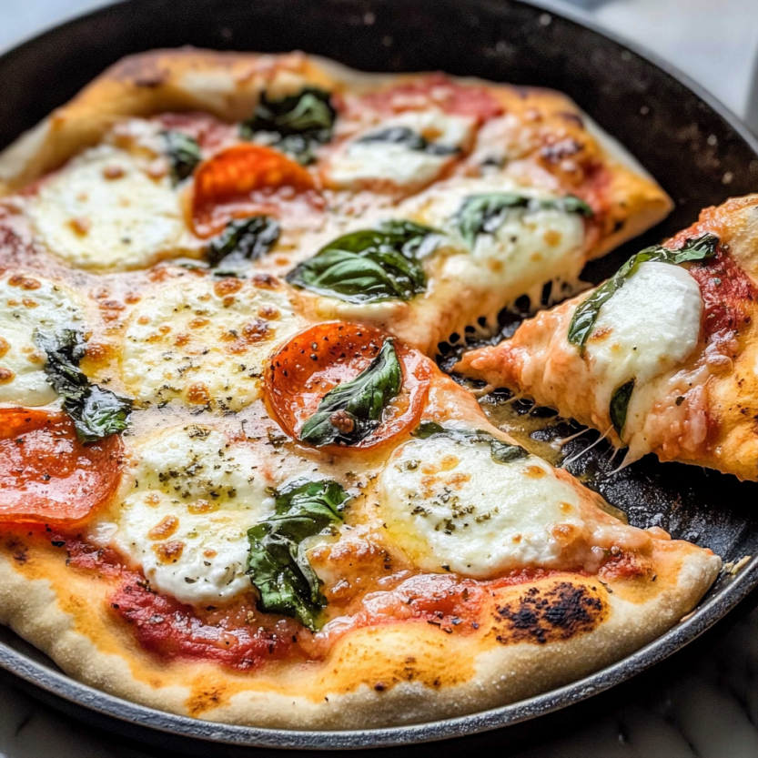 A skillet with a pizza in it.
