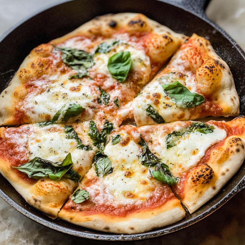 A skillet with a pizza in it.