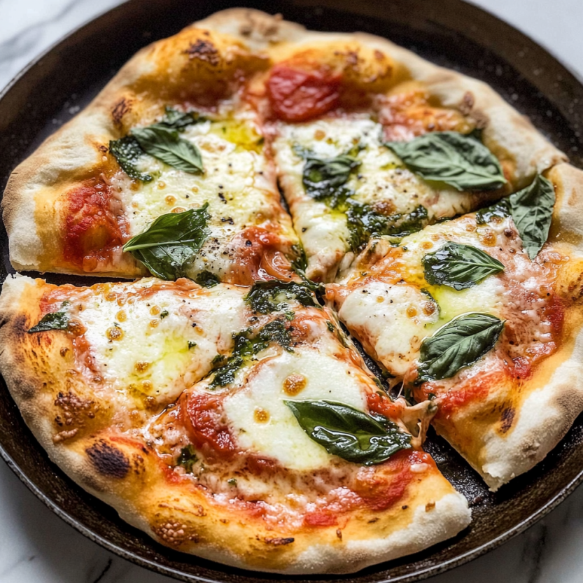 A skillet with a pizza in it.