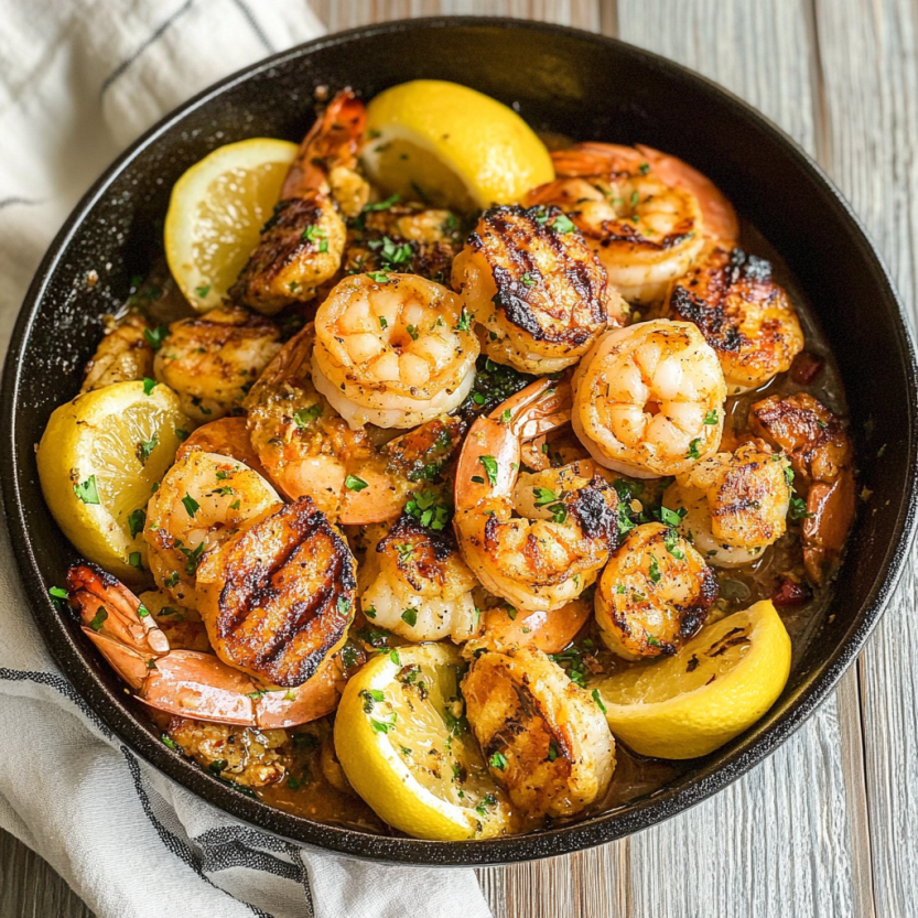 A bowl of shrimp and lemon slices.