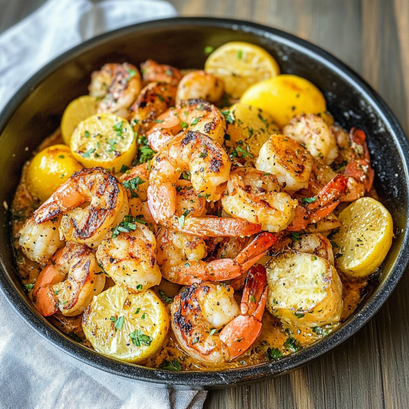 A bowl of shrimp and lemon slices.