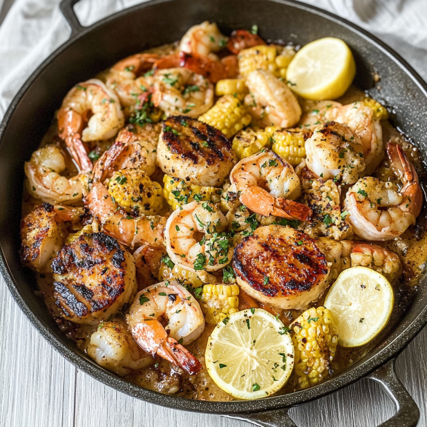 A pan of shrimp and corn on the cob.