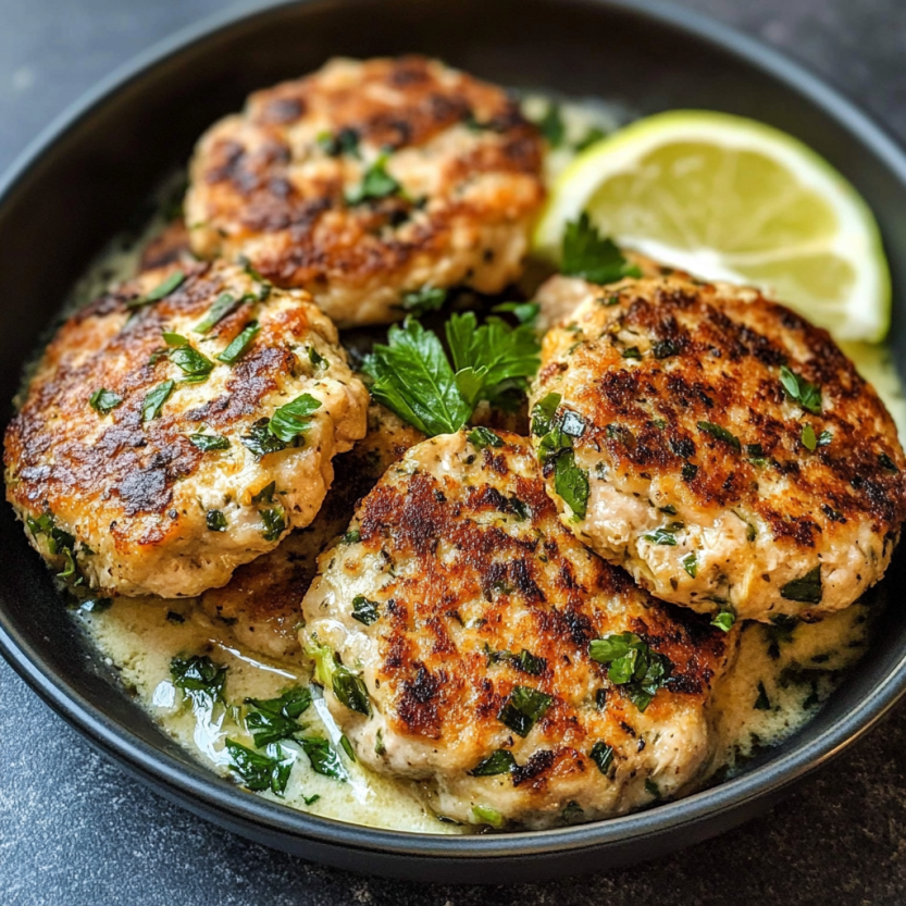 A bowl of chicken patties with herbs and lemon wedges.