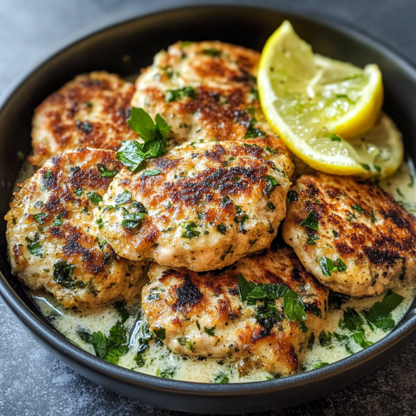 A bowl of chicken patties with lemon wedges on top.