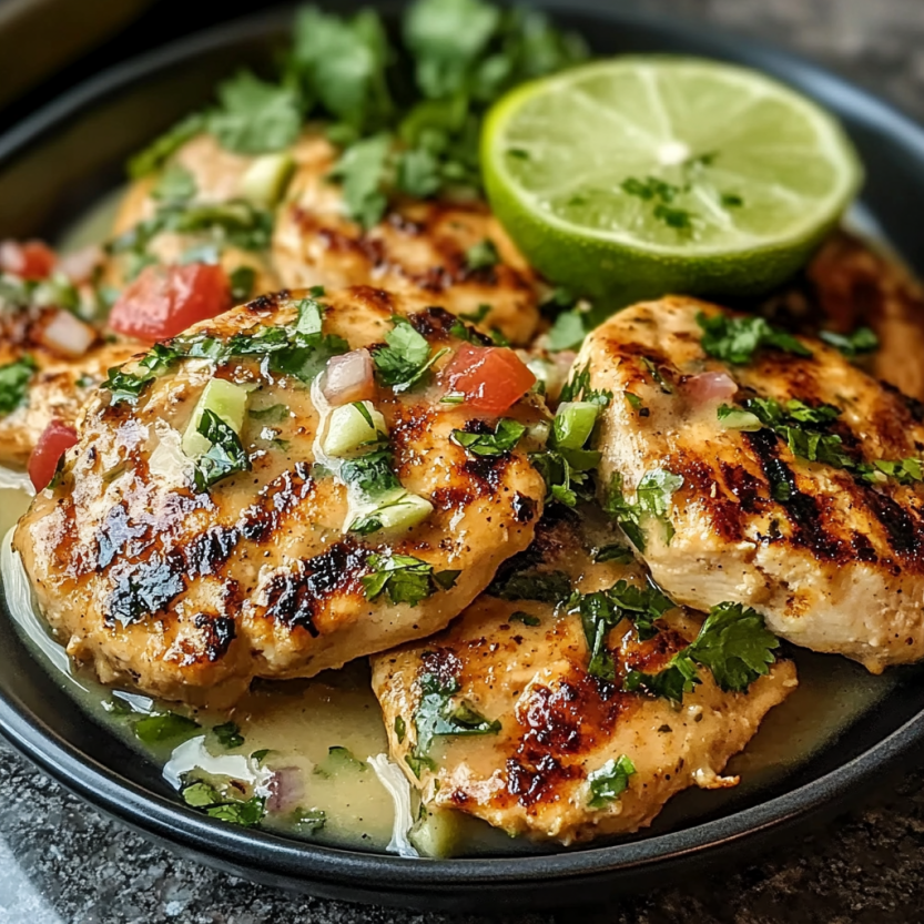A plate of chicken with limes and tomatoes.