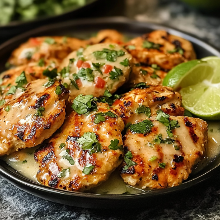 A plate of chicken with lime and herbs.