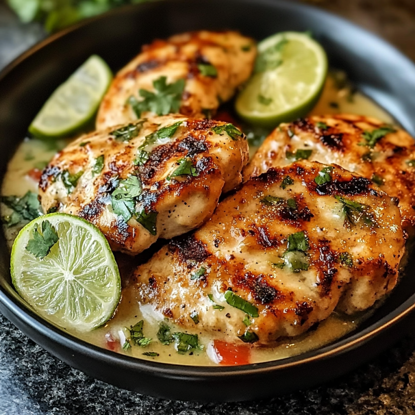 A bowl of chicken with lime and herbs.