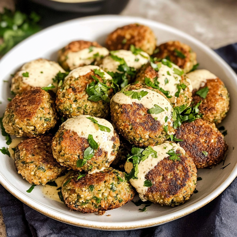 A bowl of falafel with sauce.