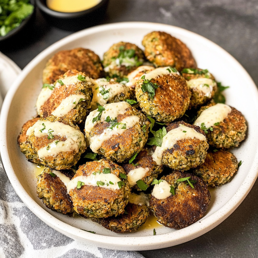 A bowl of falafel with sauce.