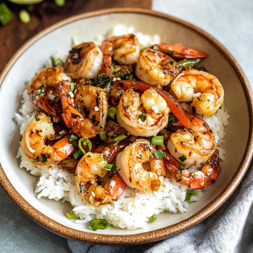 A plate of garlic shrimp stir fry.