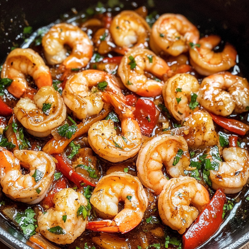 A bowl of garlic shrimp stir fry.