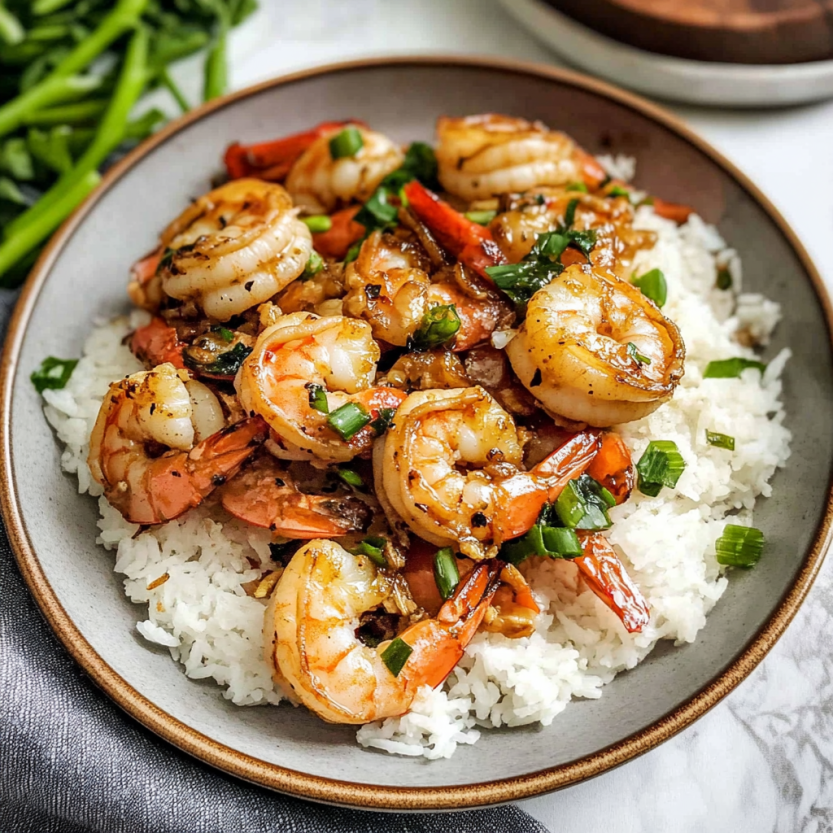 A plate of garlic shrimp stir fry.