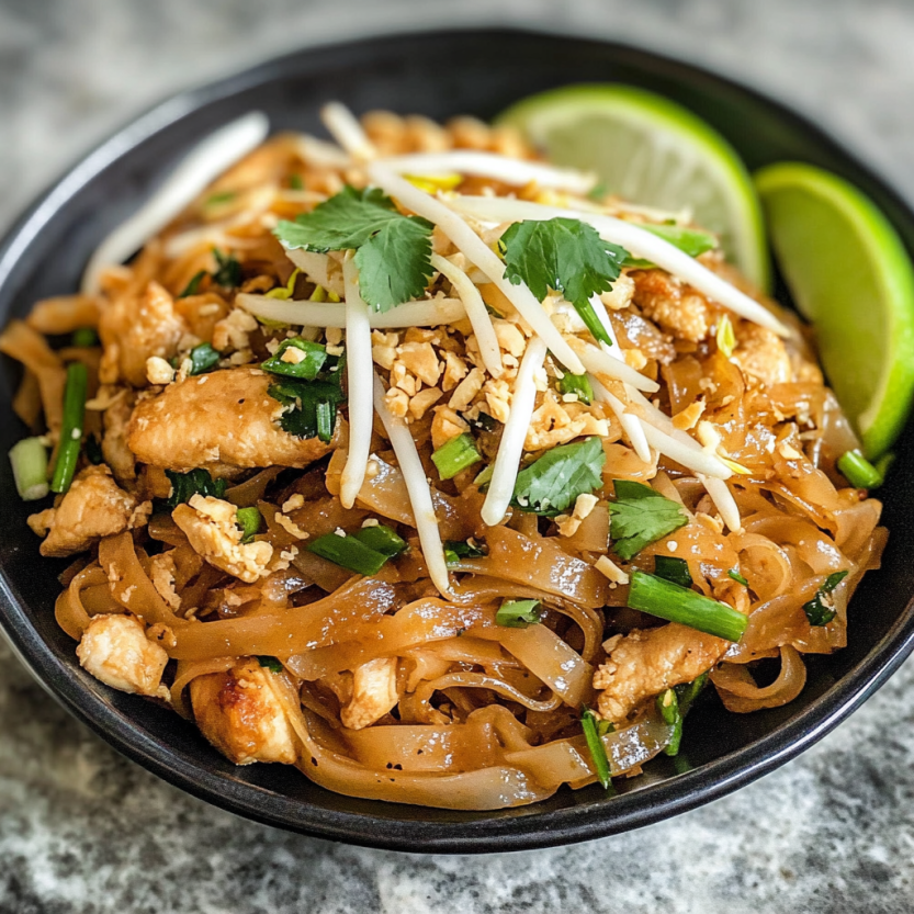A bowl of chicken pad thai with noodles, vegetables, and lime wedges.