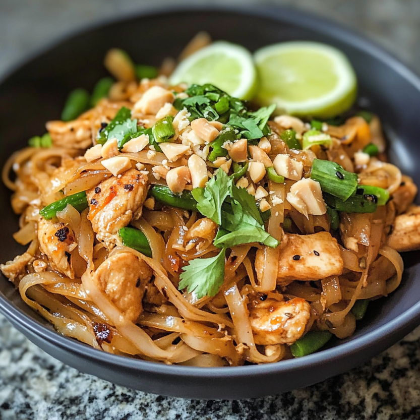 A bowl of chicken pad thai.