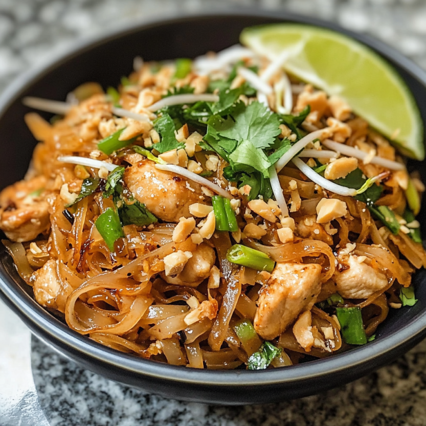 A bowl of chicken pad thai.