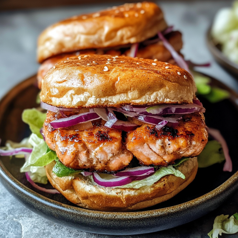 Two salmon burgers on a plate.