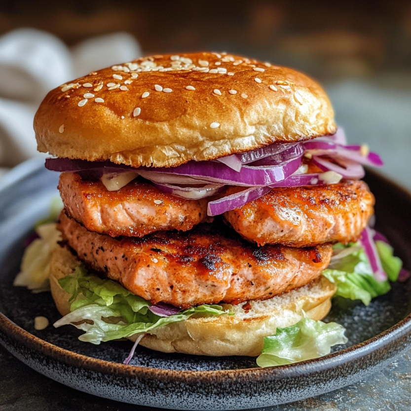 A salmon burger on a bun with lettuce and onions.