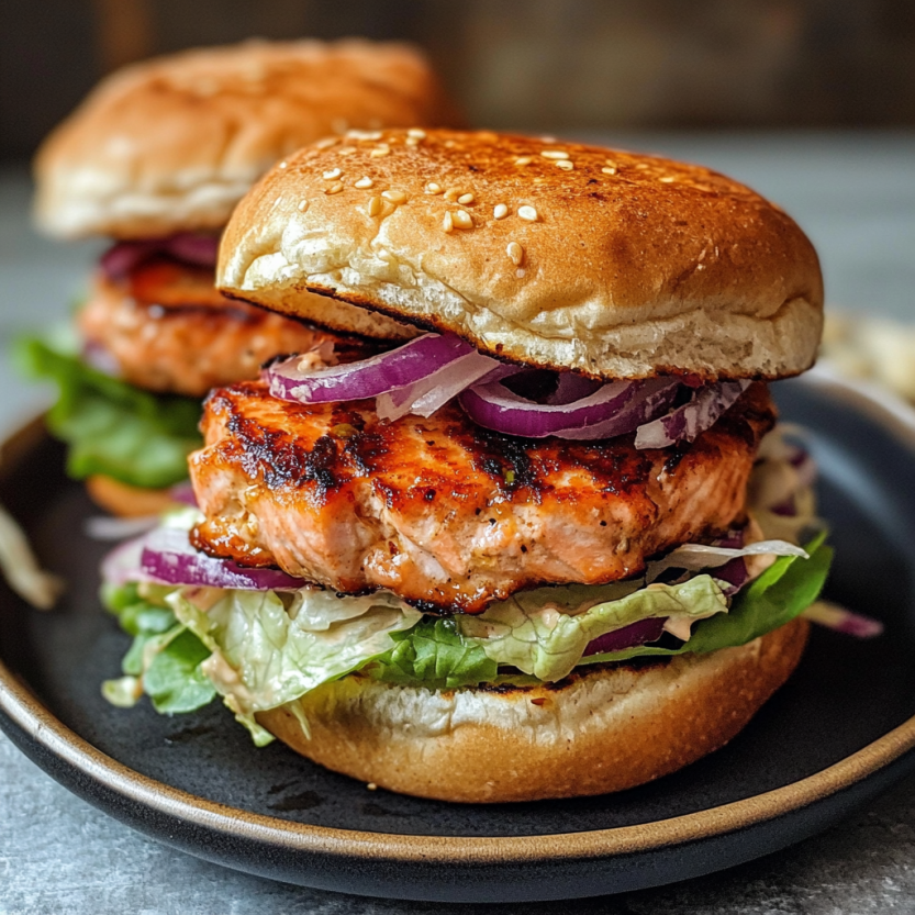 Two salmon burgers on a plate.