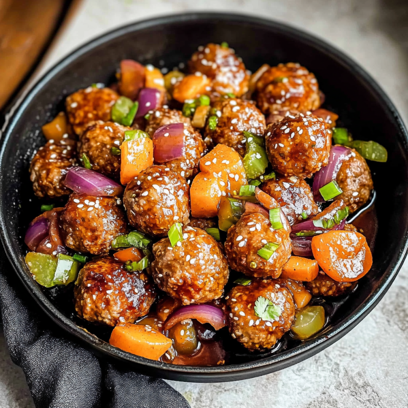 A bowl of meatballs with a sweet and sour sauce.