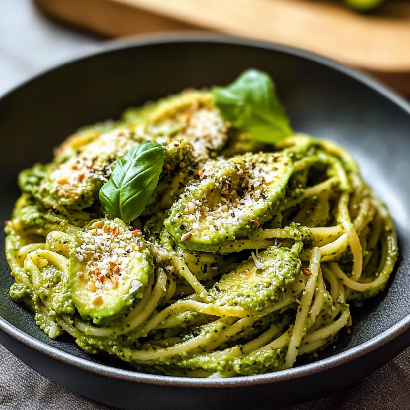 A bowl of pasta with avocado pesto.