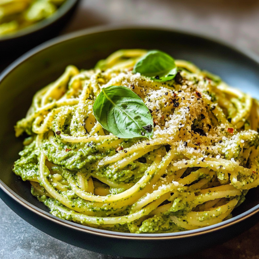 A bowl of pasta with pesto sauce and avocado.