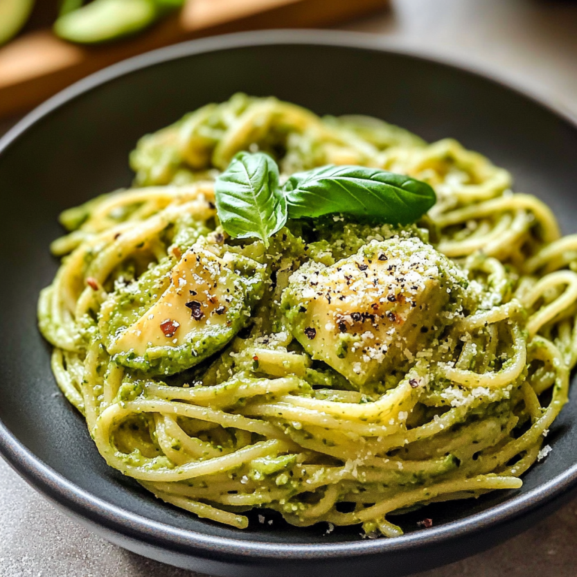 A bowl of pasta with pesto sauce and avocado.