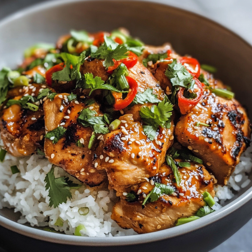A bowl of chicken with rice and green onions.