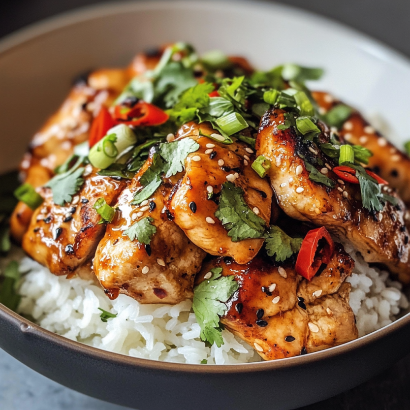 A bowl of chicken with a sauce and garnish.