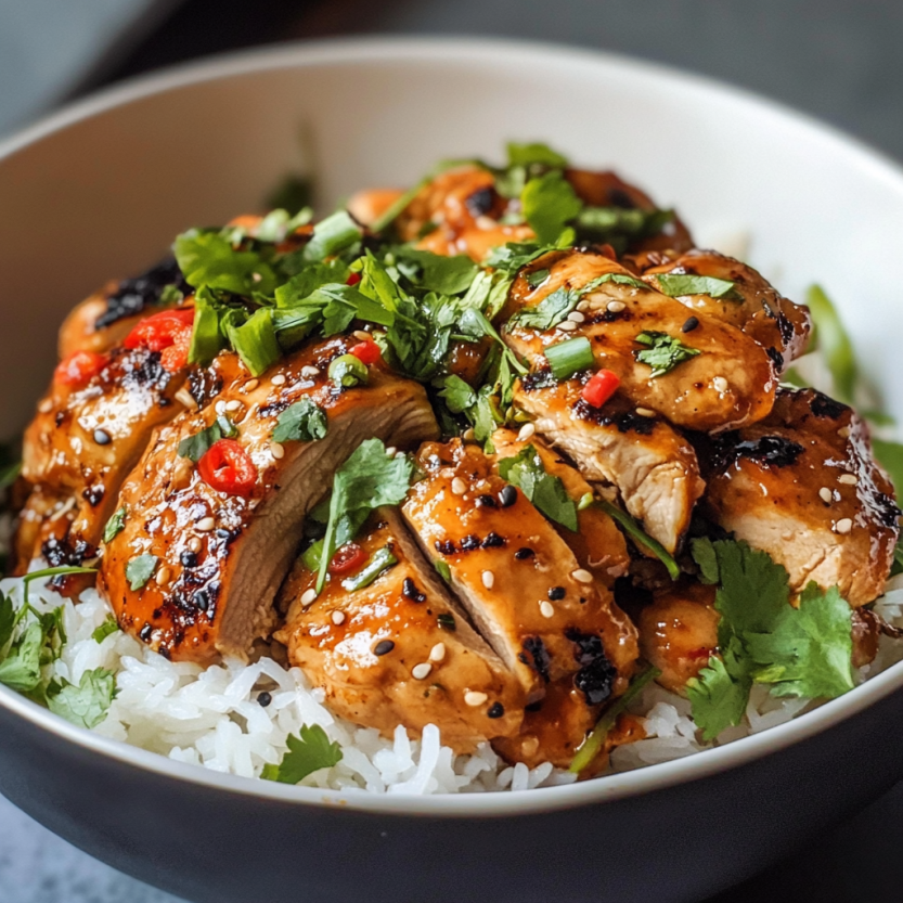 A bowl of chicken with rice and green vegetables.