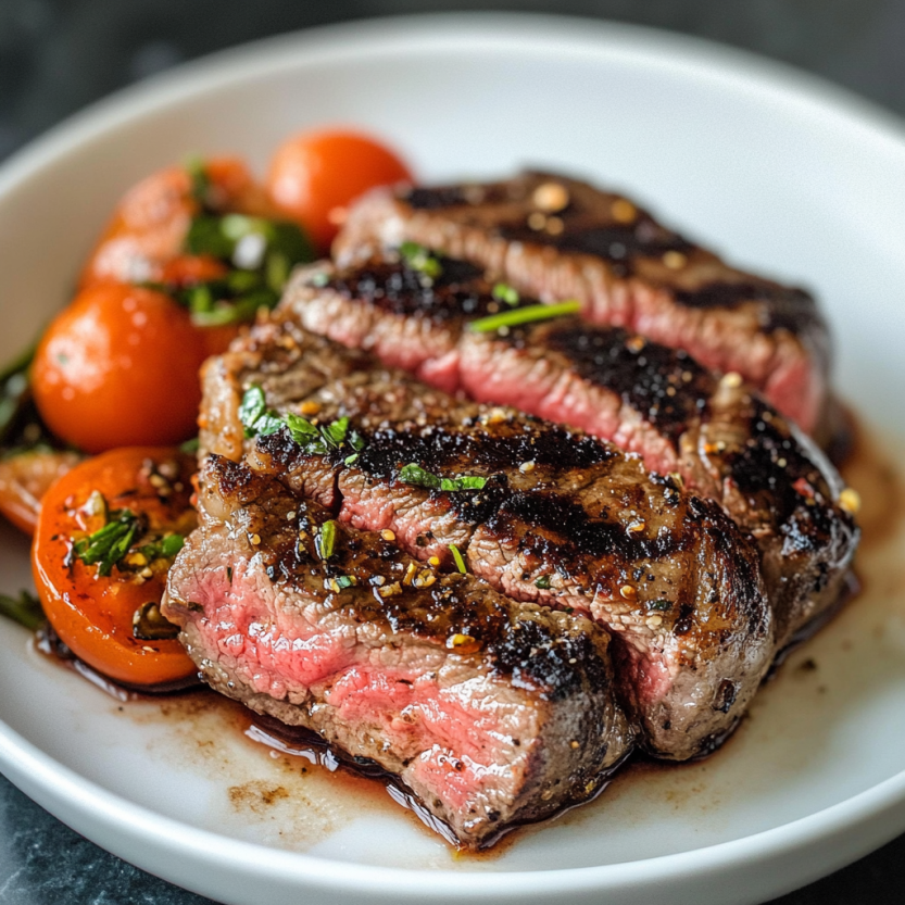 A ribeye steak with tomatoes and herbs on a plate.