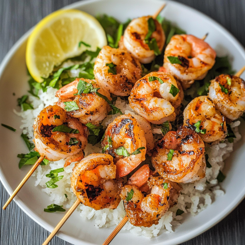 Grilled Cajun Shrimp Skewers with rice and lemon.