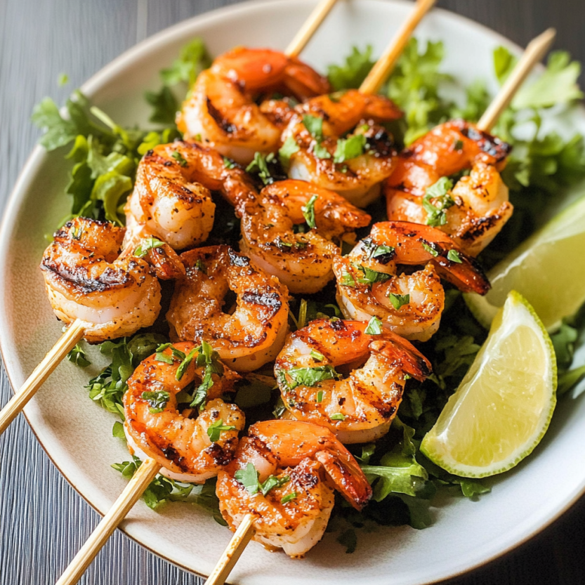 Grilled Cajun Shrimp Skewers on a plate.