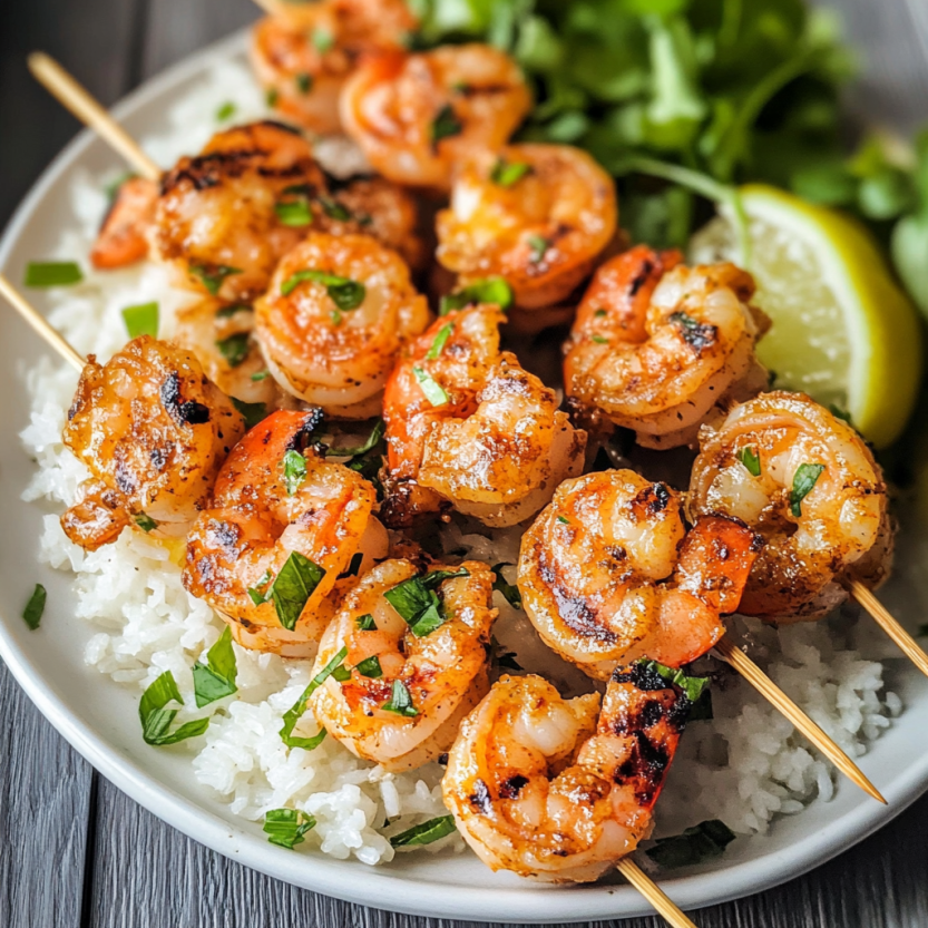A plate of grilled shrimp skewers with rice and a lemon wedge.