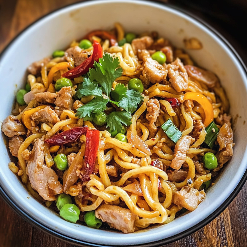 A bowl of spicy pork noodles.