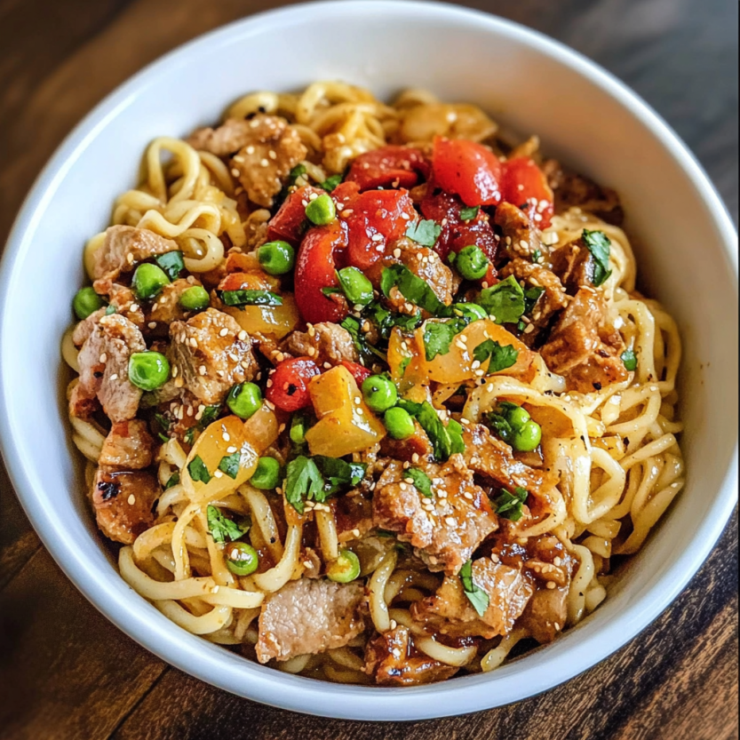 A bowl of spicy pork noodles.