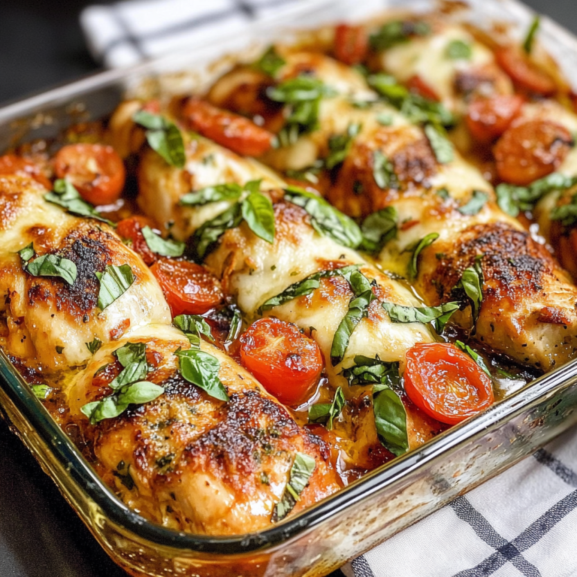 A plate of baked chicken with tomatoes and fresh herbs.