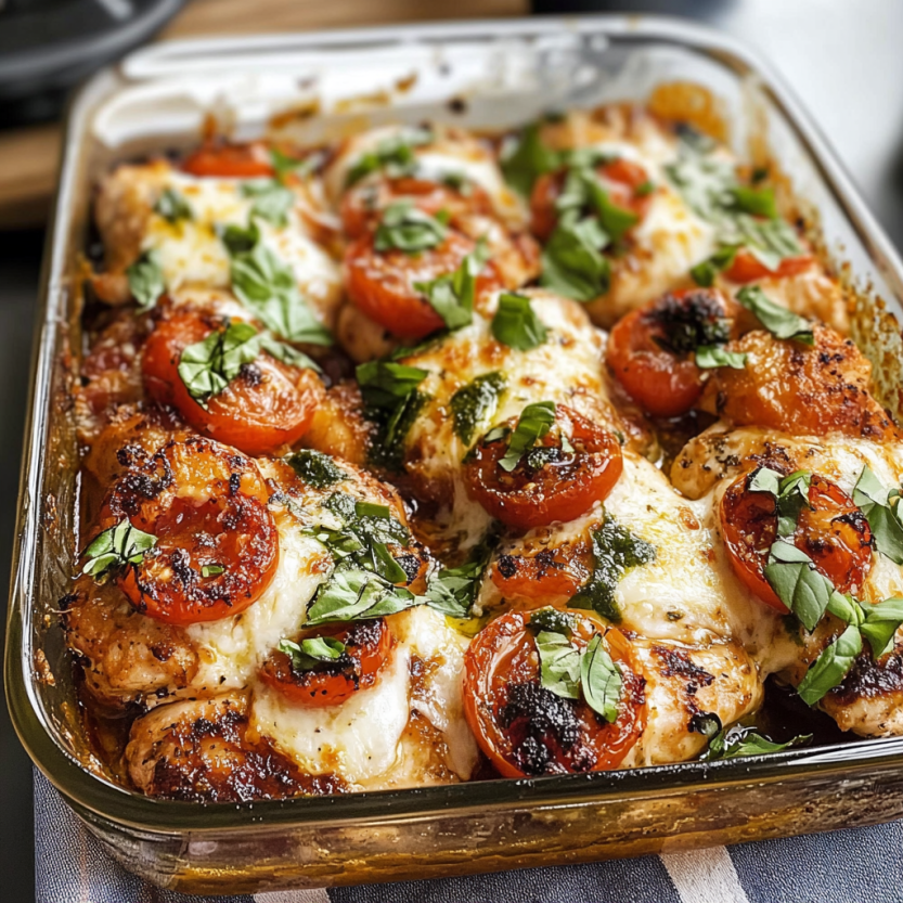 A casserole dish filled with Caprese-style chicken in a rich tomato and basil sauce.