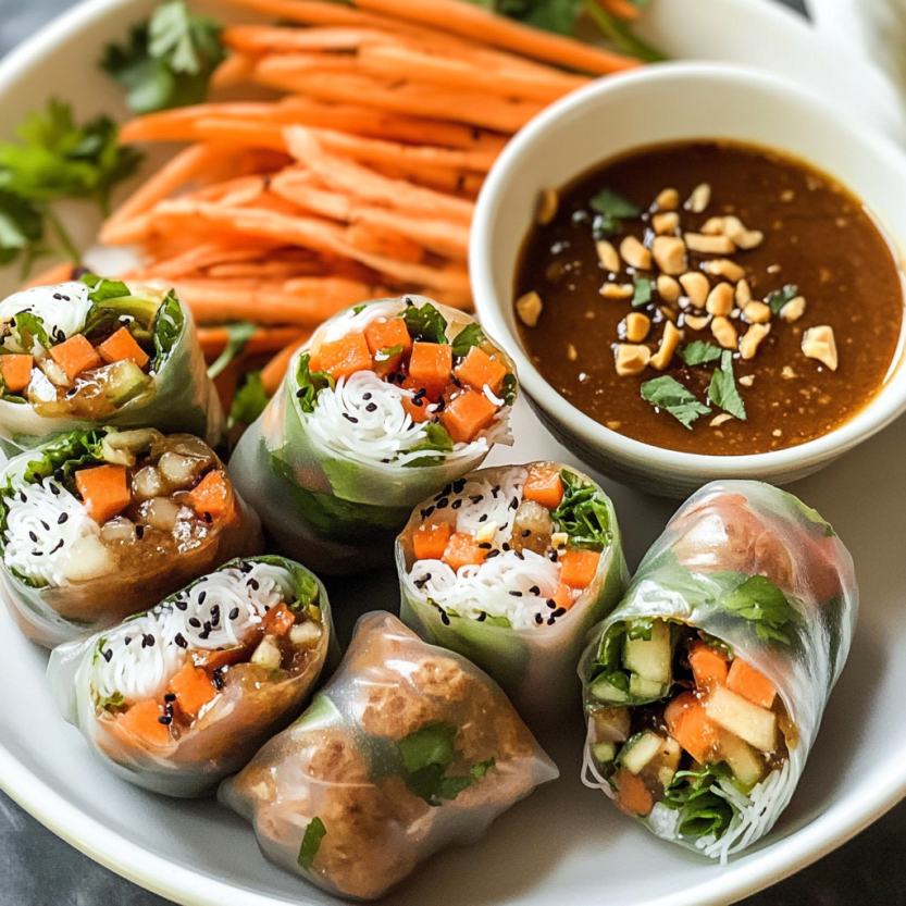 A platter stacked with shrimp salad rolls and creamy peanut dip on the side.