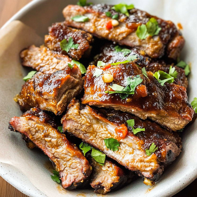 A plate stacked high with saucy BBQ ribs, looking super juicy.
