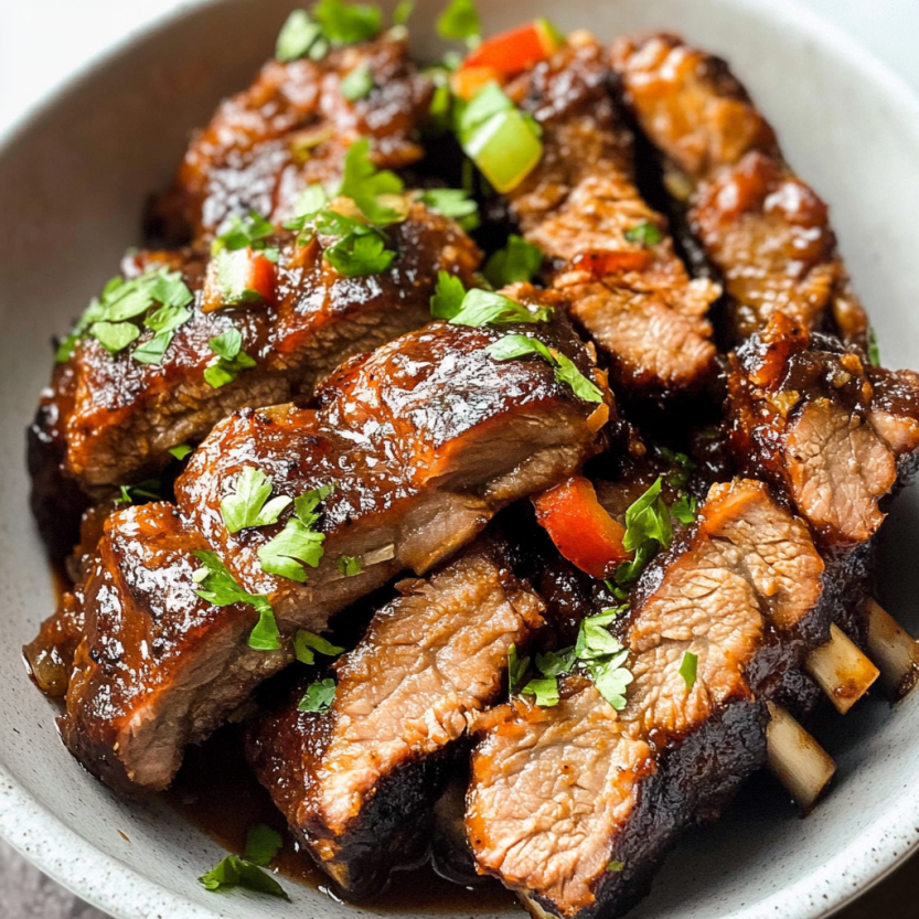 Une assiette de viande de boeuf grillé, avec des herbes et des légumes verts, dans un plat en céramique.