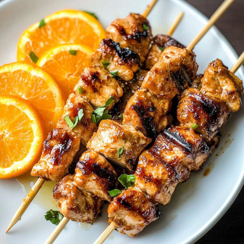 Grilled chicken skewers with oranges.