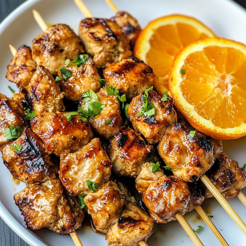 Grilled chicken skewers with lemons.